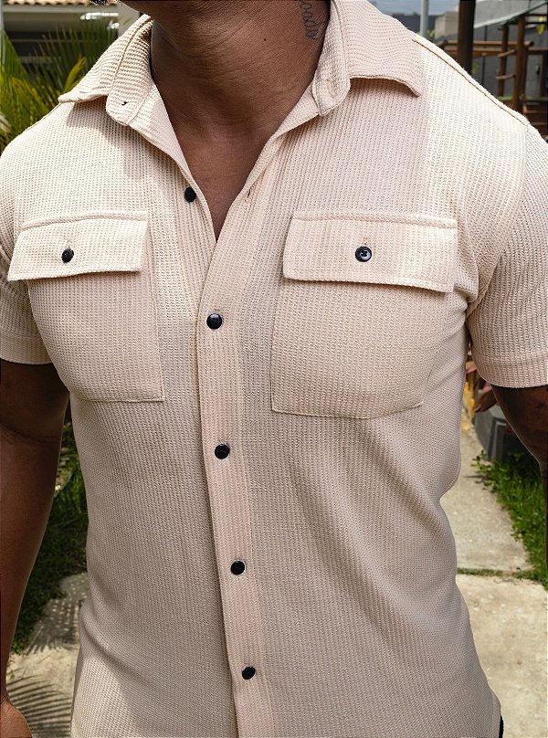 Camisa de Botão Tricot Bege Cargo De Buenas