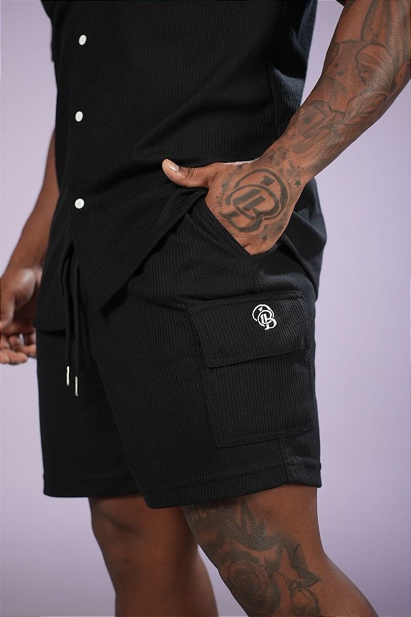 Bermuda Preta Cargo Tricot De Buenas