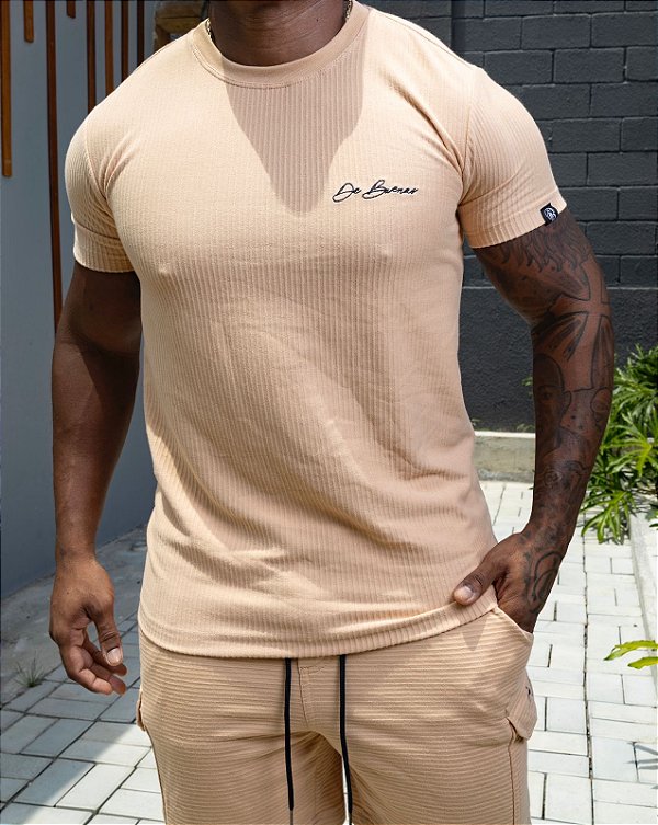 Camisa Bege Canelada Logo De Buenas Bordado Preto