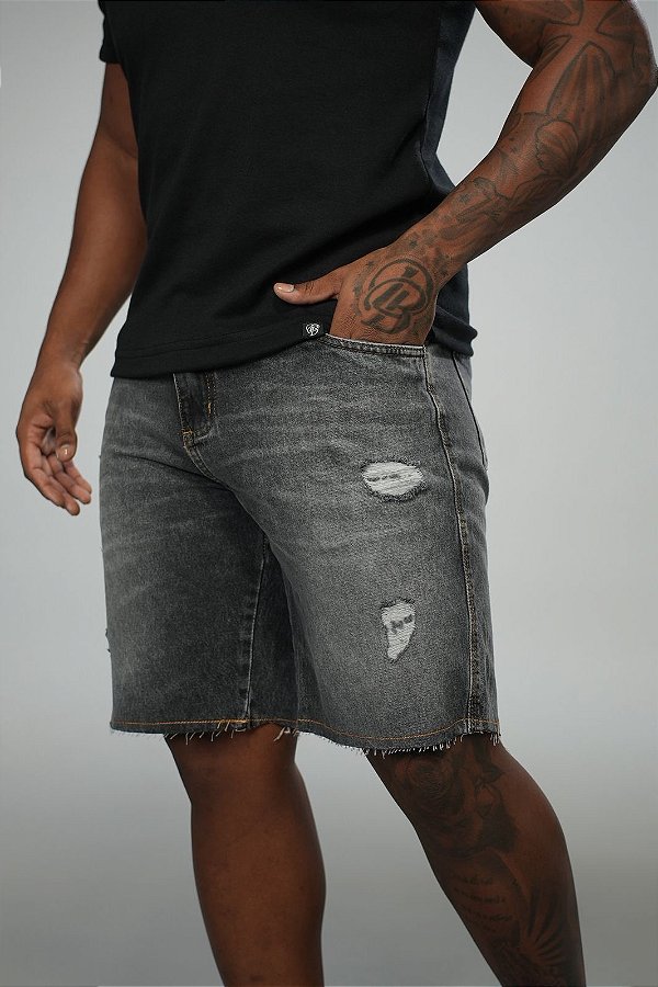 Bermuda Jeans Escuro Botão Cinza Grafite