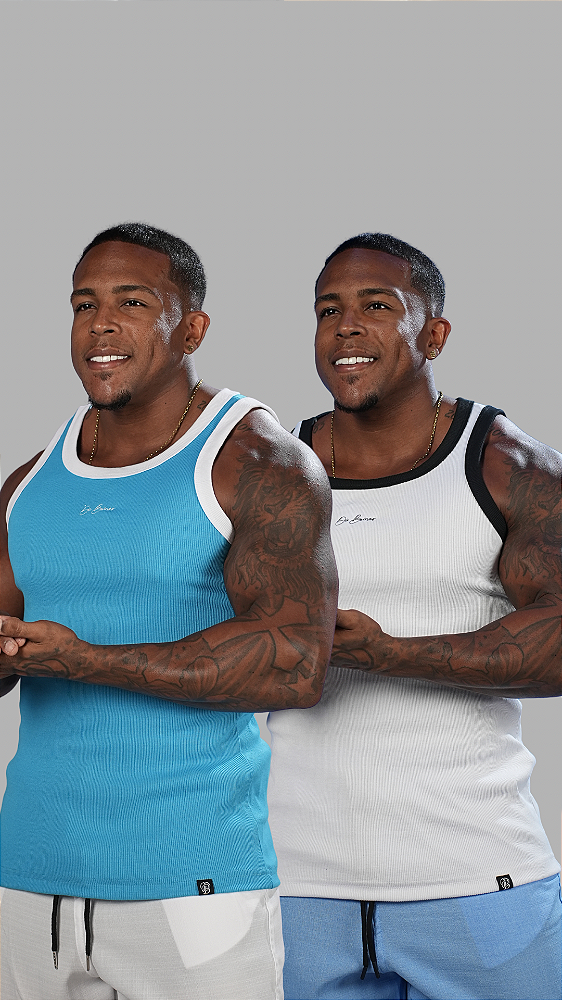 Kit 2 Regatas Americanas Ribana Canelada Premium De Buenas Branco + Azul Turquesa (academia,dia a dia, finais de semana)