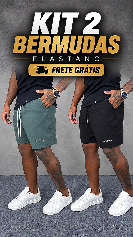 Kit Com 2 Bermudas Tactel Elastano Masculinas De Buenas Verde Militar + Preta
