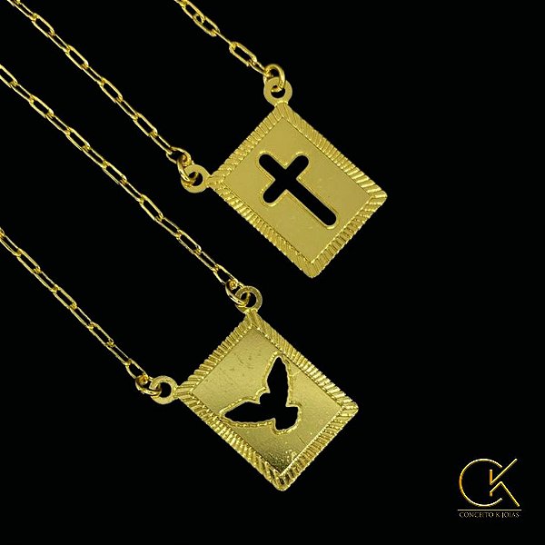 Escapulario Cartier Elo Alongado 1.5mm 60 ou 70cm / Medalha Vazada Espirito Santo - Cruz 1x1.5cm