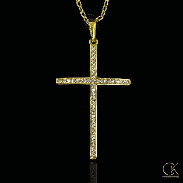 PINGENTE CRUZ CRAVEJADA 2 - 5x3cm - BANHADA A OURO 18K