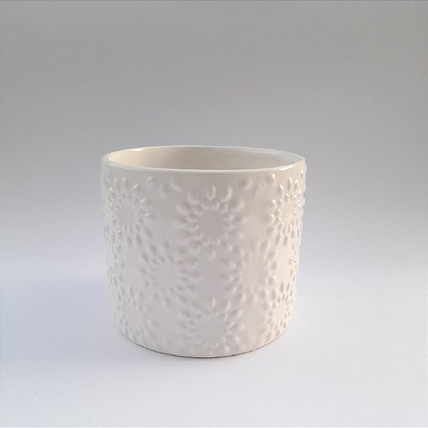 Vaso de Cerâmica Branco Relevo Floral