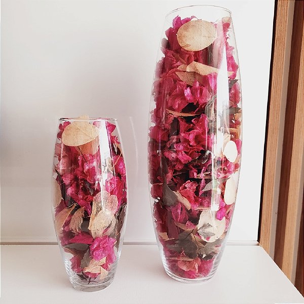 KIT 2 ARRANJOS DE VIDRO COM FOLHAS DESIDRATADAS ROSA COM BEGE