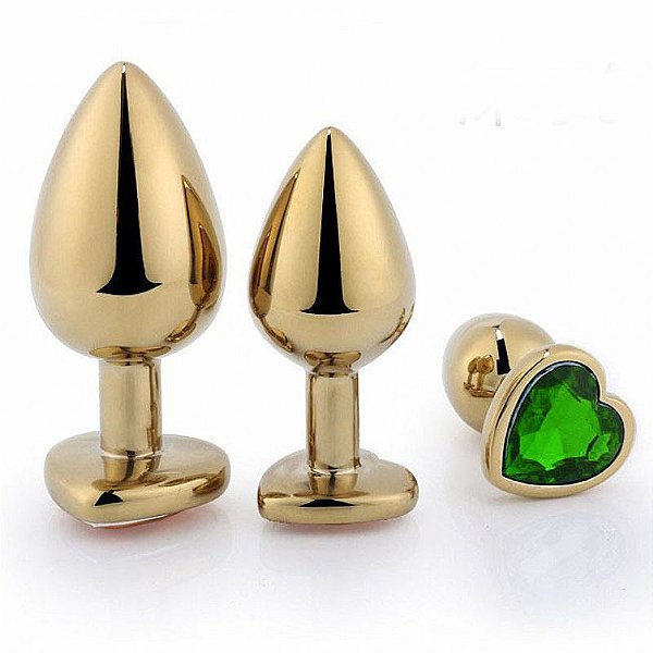 Plug Anal Pequeno Coração Verde Em Aço Dourado - 7055