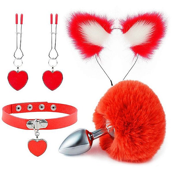 Kit Fetiche Rabo de Coelho com Tiara, Grampos para Seios e Gargantilha - 7340