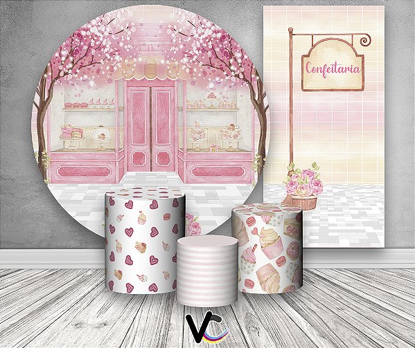 Painel de Festa 3d + Trio Capa Cilindro + Faixa Veste Fácil - Confeitaria Doces Patisserie