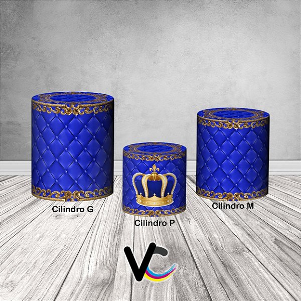Trio De Capas De Cilindro 3d - Capitone Coroa Realeza Azul Royal Maior