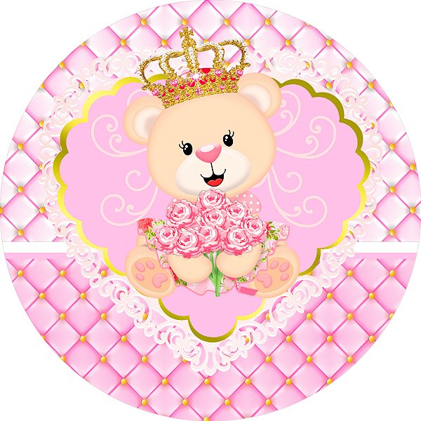 Painel de Festa em Tecido -  Ursinha Realeza Princesa Rosas