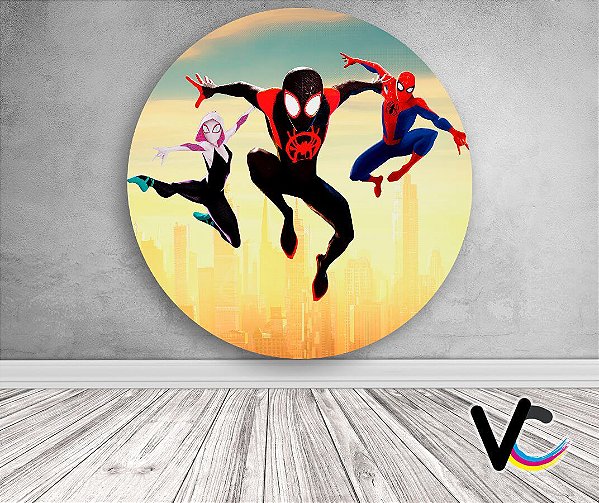 Painel de Festa em Tecido - Homem Aranha no Aranhaverso Miles Gwen e Peter