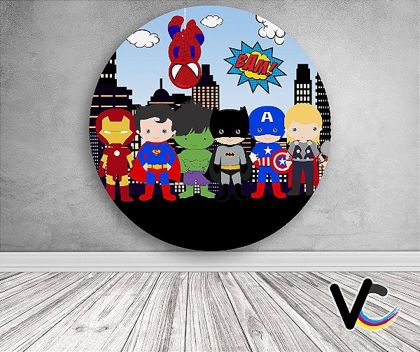 Painel de Festa em Tecido - Heróis Cute Fundo Cidade Vingadores e DC 2