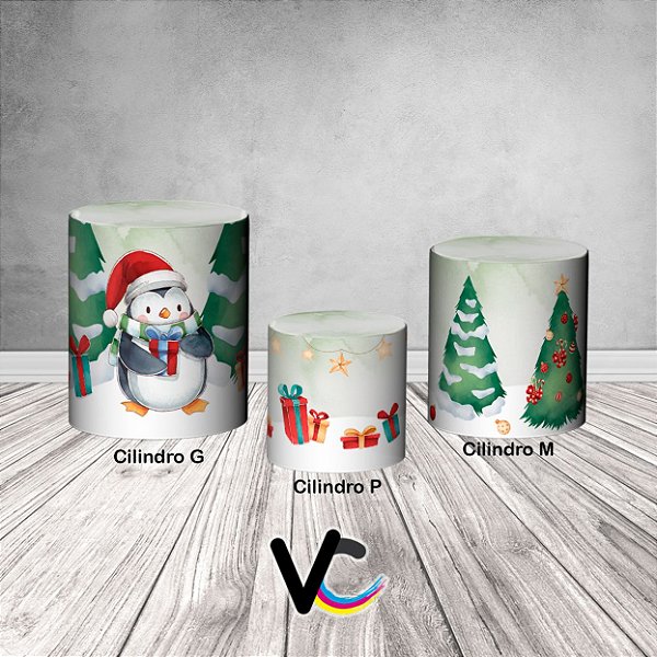Trio De Capas De Cilindro 3d - Natal Papai Noel com Pinguim Aquarela