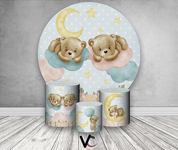 Painel de Festa 3d + Trio Capa Cilindro - Ursinhos Revelação Cute Bears