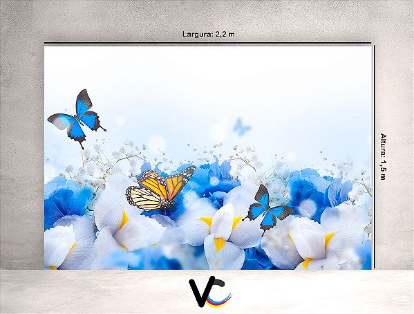 Fundo Fotográfico - Flores Azuis Branca e Borboletas - 2,20 X 1,50