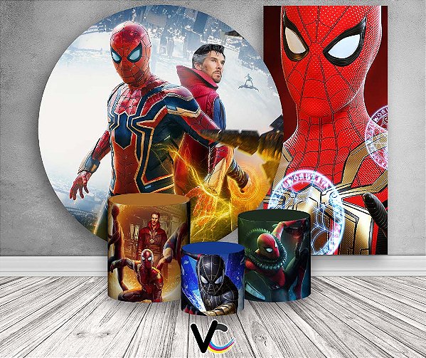 Painel de Festa 3d + Trio Capa Cilindro + Faixa Veste Fácil - Homem Aranha e Doutor Estranho Sem Volta pra Casa