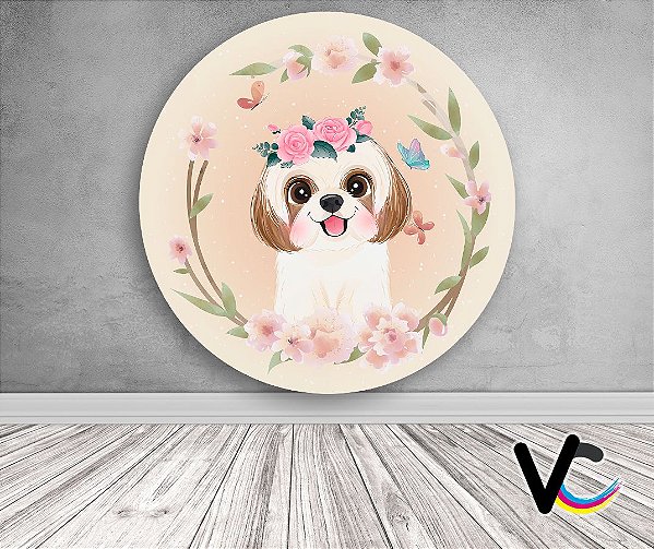Painel de Festa em Tecido - Cachorro Cute e Arco de Flores