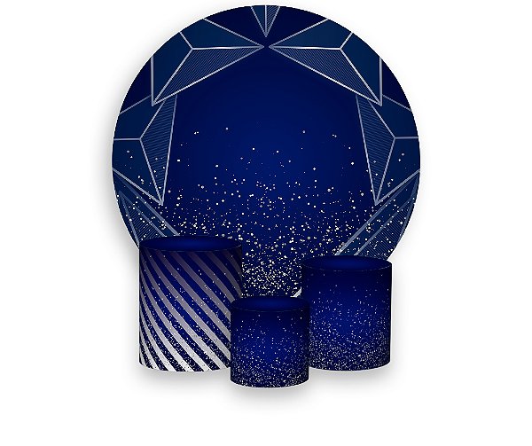 Painel de Festa 3d + Trio Capa Cilindro - Azul Geométrico com Prata