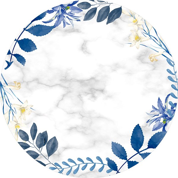Painel de Festa em Tecido - Marmore e Flores Azul