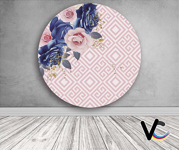 Painel de Festa em Tecido - Geometrico Greek Rosa com Floral Azul e Dourado