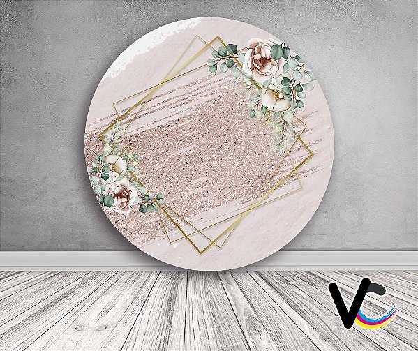 Painel de Festa em Tecido - Geometrico Floral Rose com Glitter