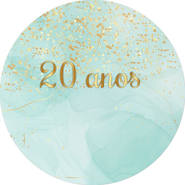 Painel de Festa em Tecido - Efeito Glitter Dourado e Marmore Tiffany 20 anos