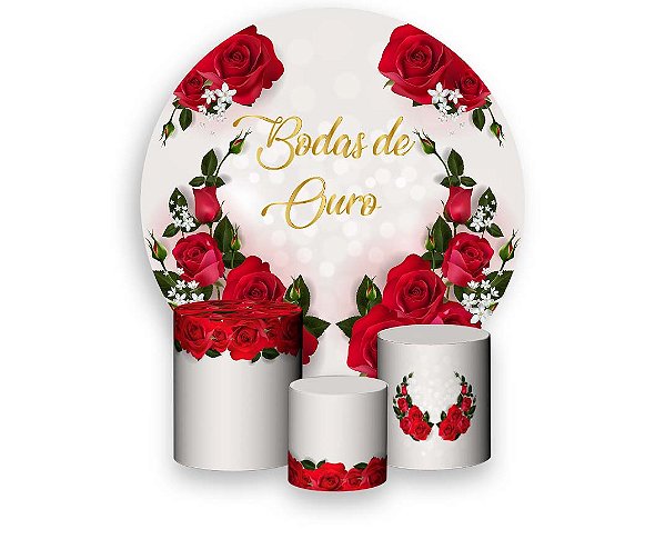 Painel de Festa 3d + Trio Capa Cilindro - Casamento Bodas de Ouro Rosas Vermelhas