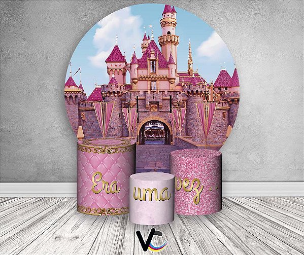 Painel de Festa 3d + Trio Capa Cilindro - Castelo Rosa Pink da Bela Adormecida Aurora