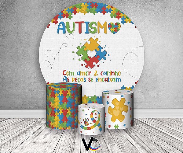 Painel de Festa 3d + Trio Capa Cilindro - Autismo Quebra Cabeça Colorido