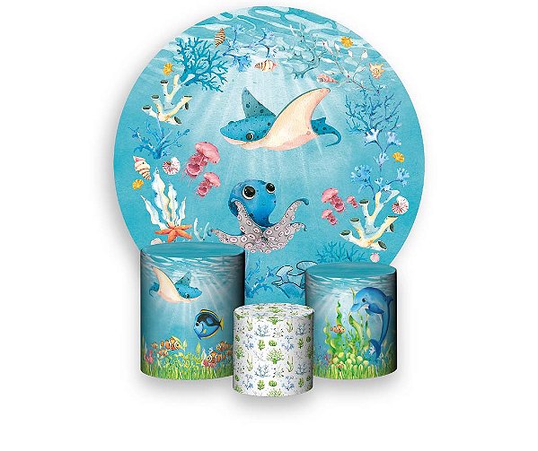 Painel de Festa 3d + Trio Capa Cilindro - Fundo Do Mar Aquarela Azul Cute