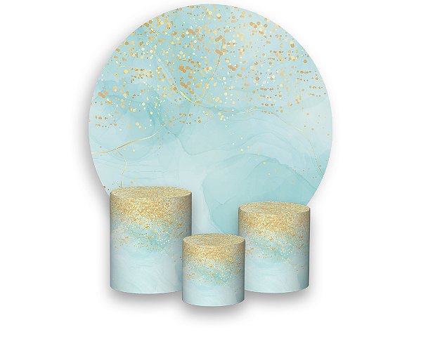 Painel de Festa 3d + Trio Capa Cilindro - Efeito Glitter Dourado e Marmore Tiffany