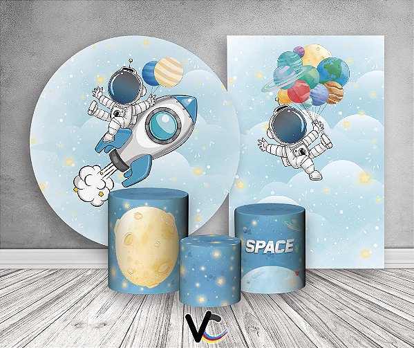 Painel De Festa Redondo + Vertical 3D + Trio Capa Cilindro - Astronauta Galáxia Cute