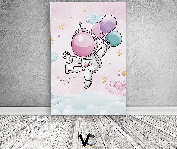 Painel De Festa 3d Vertical 1,50x2,20 - Astronauta Rosa Balões