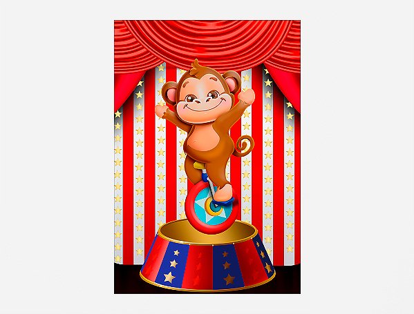 Painel De Festa 3d Vertical 1,50x2,20 - Circo Vermelho Estrelado Macaco