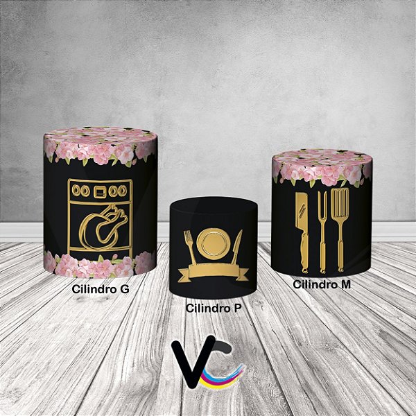 Trio De Capas De Cilindro 3d - Chá de Cozinha Chalkboard Dourado