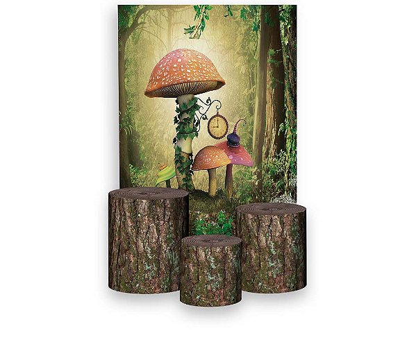 Painel De Festa Vertical + Trio De Capas Cilindro - Floresta Bosque com Cogumelos