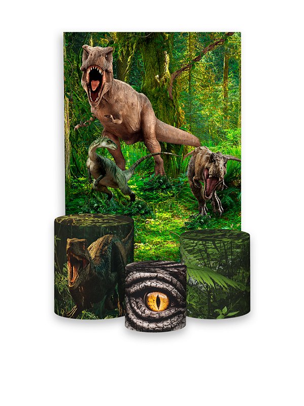 Painel De Festa Vertical + Trio De Capas Cilindro - Jurassic World Dinossauro  Rex Realista - Via Cores - Paineis de Festa