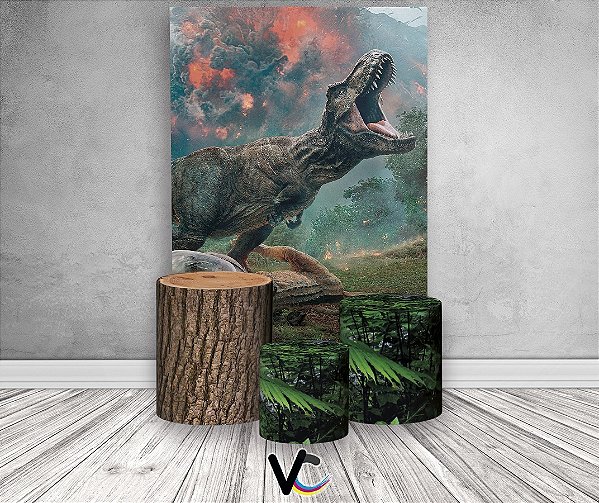 Painel De Festa Vertical + Trio De Capas Cilindro - Jurassic World Dinossauro  Rex Realista - Via Cores - Paineis de Festa