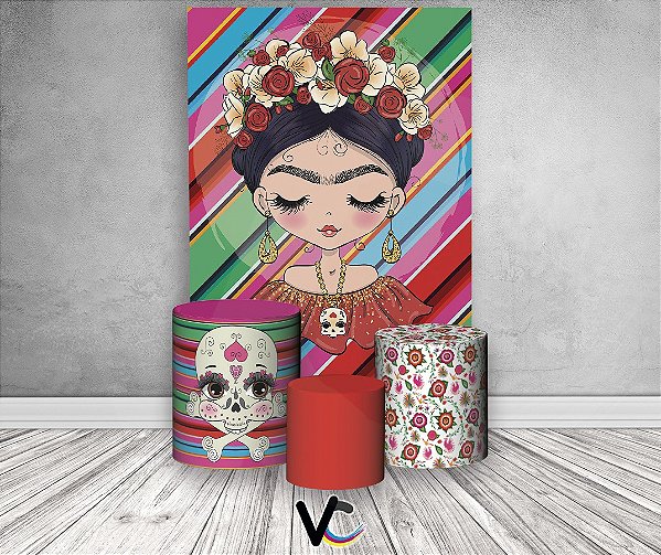 Painel De Festa Vertical + Trio De Capas Cilindro - Frida Kahlo Cute