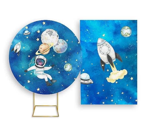 Painel Redondo + Painel Vertical - Astronauta Galaxia Aquarela