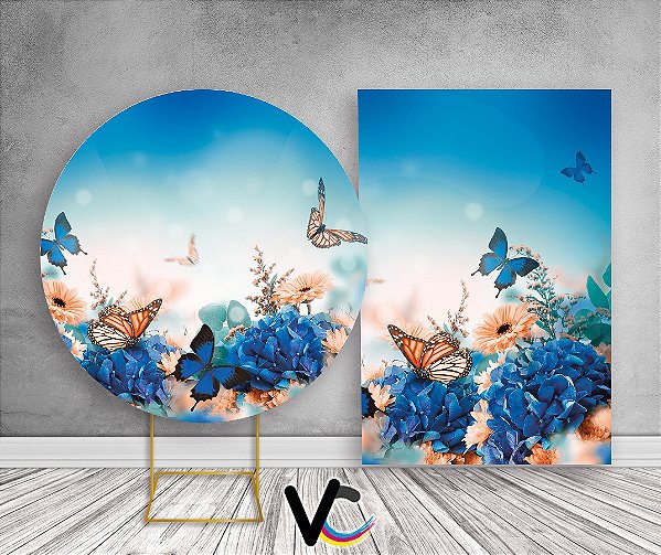 Painel Redondo + Painel Vertical - Flores Azuis e Borboletas