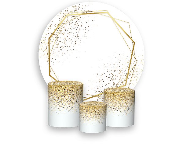 Painel de Festa 3d + Trio Capa Cilindro - Efeito Glitter Geométrico Dourado e Branco 024