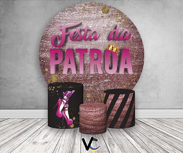 Painel de Festa 3d + Trio Capa Cilindro - Efeito Rosa Metalizado Glitter Festa da Patroa