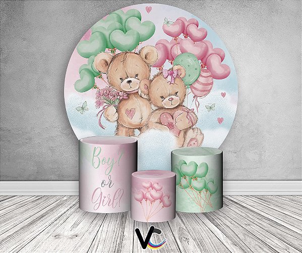 Painel de Festa 3d + Trio Capa Cilindro - Revelação Ursinhos Teddy Bears Balões Rosa e Verde