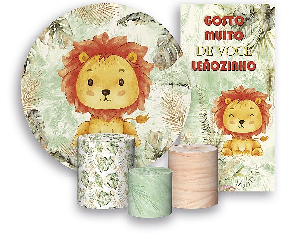 Painel de Festa 3d + Trio Capa Cilindro + Faixa Veste Fácil -  Leãozinho Laranja Aquarela Cute