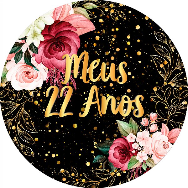 Painel de Festa em Tecido - Flores e Brilhos Meus 22 Anos Dourado