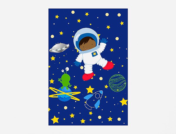 Painel De Festa 3d Vertical 1,50x2,20 - Astronauta na Galáxia Azul Flat Moreno