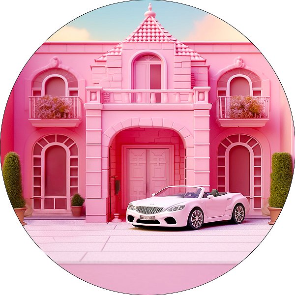Painel de Festa em Tecido - Casa de Boneca Rosa Fashion com Carro Branco