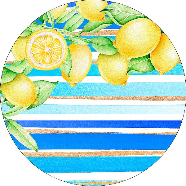 Painel de Festa em Tecido - Frutinhas Limão Siciliano Listrado Azul 040